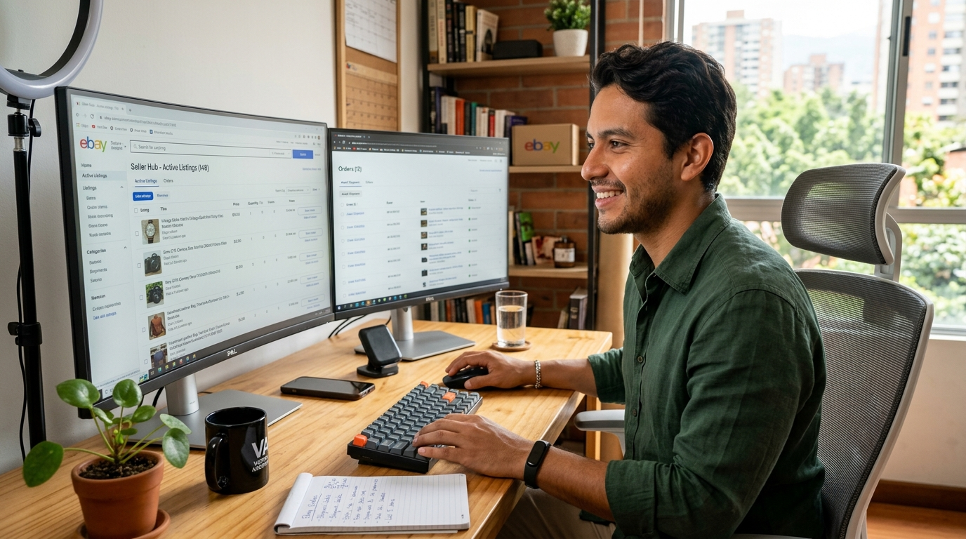 eBay seller virtual assistant reviewing active listings and order queue in eBay Seller Hub on desktop monitor