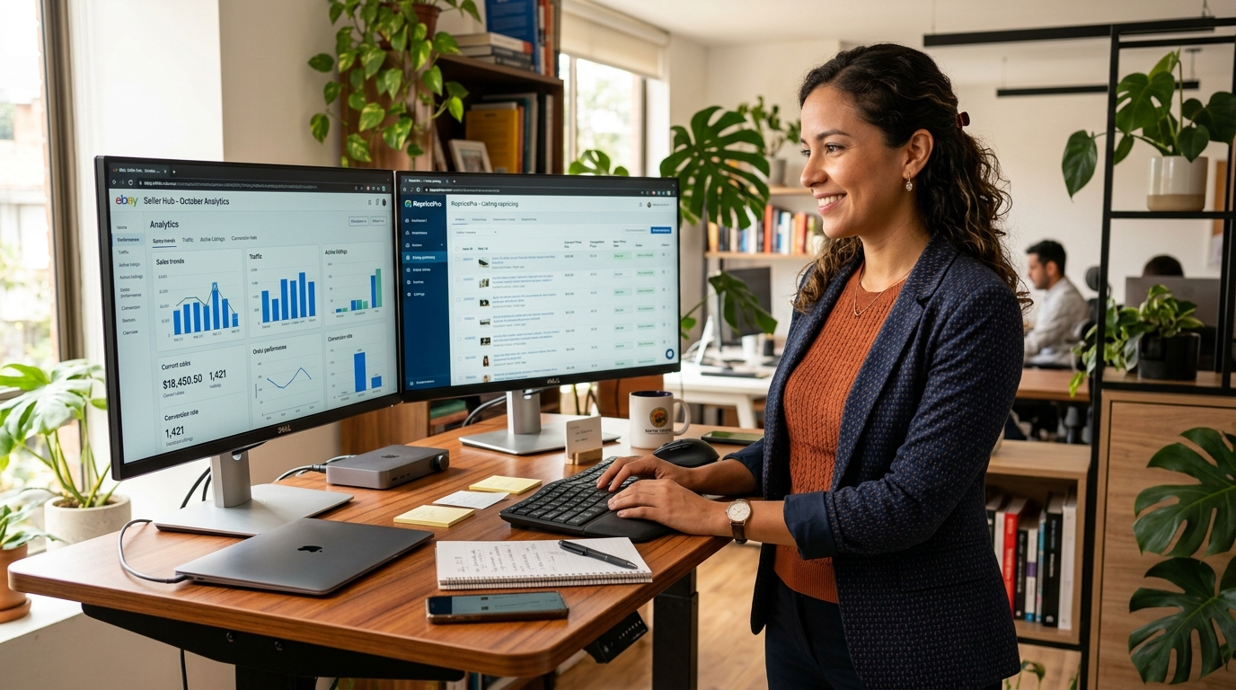 Nearshore eBay VA analyzing seller performance metrics and repricing data on dual monitors during US business hours