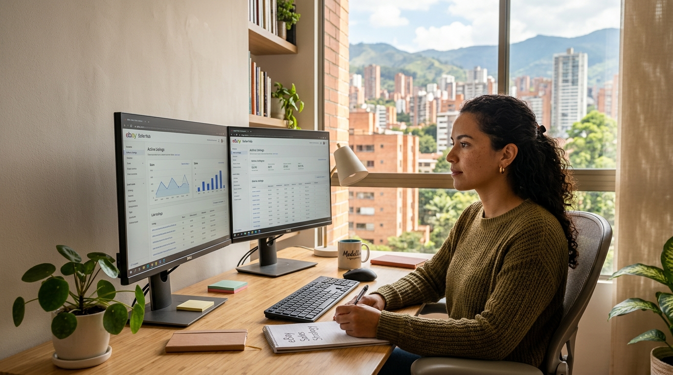 Nearshore eBay virtual assistant managing listings on eBay Seller Hub from a Latin American home office with dual monitors