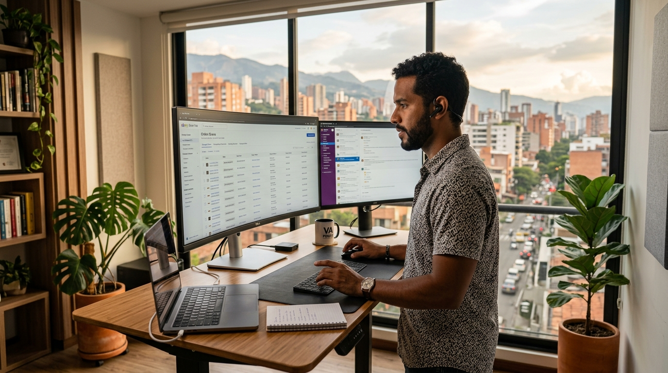 Latin American eBay virtual assistant reviewing order queue in eBay Seller Hub on a widescreen monitor