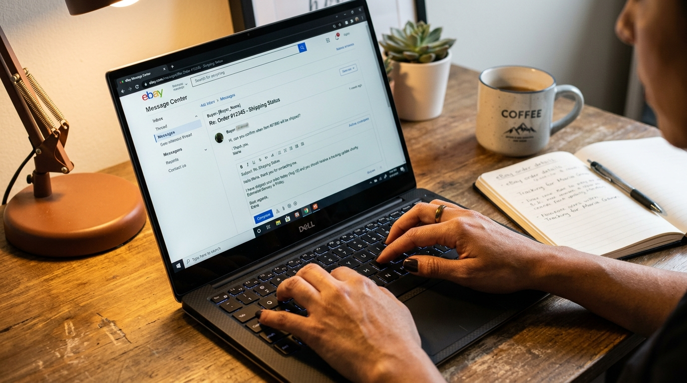 Nearshore eBay VA typing a buyer response in eBay message center, maintaining fast response times for seller performance