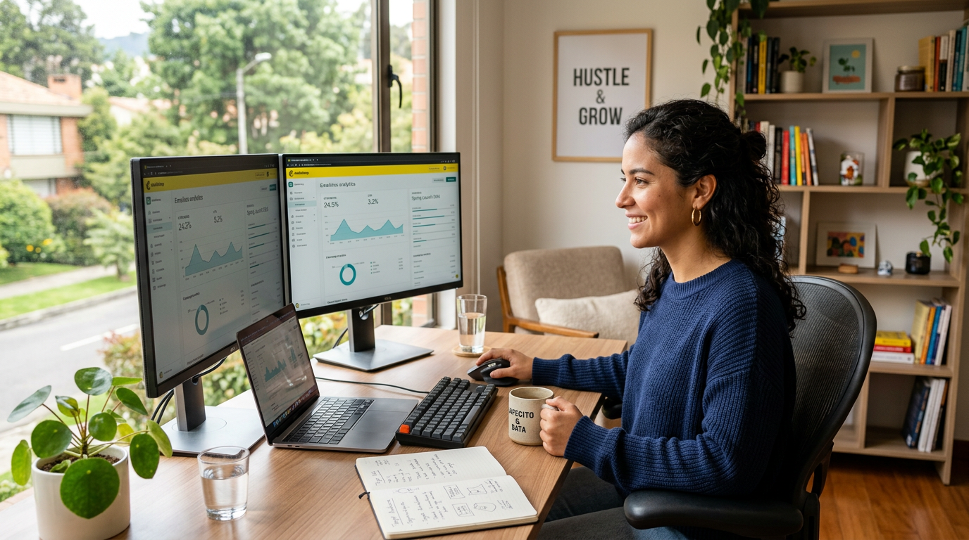 Nearshore email marketing specialist reviewing campaign analytics on dual monitors in a modern Latin American home office