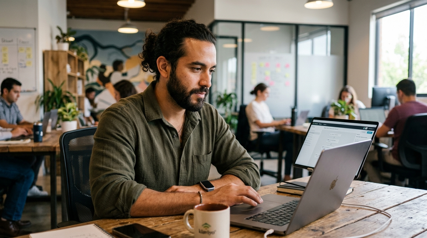 Email marketing specialist building a Klaviyo automation workflow in a Latin American coworking space