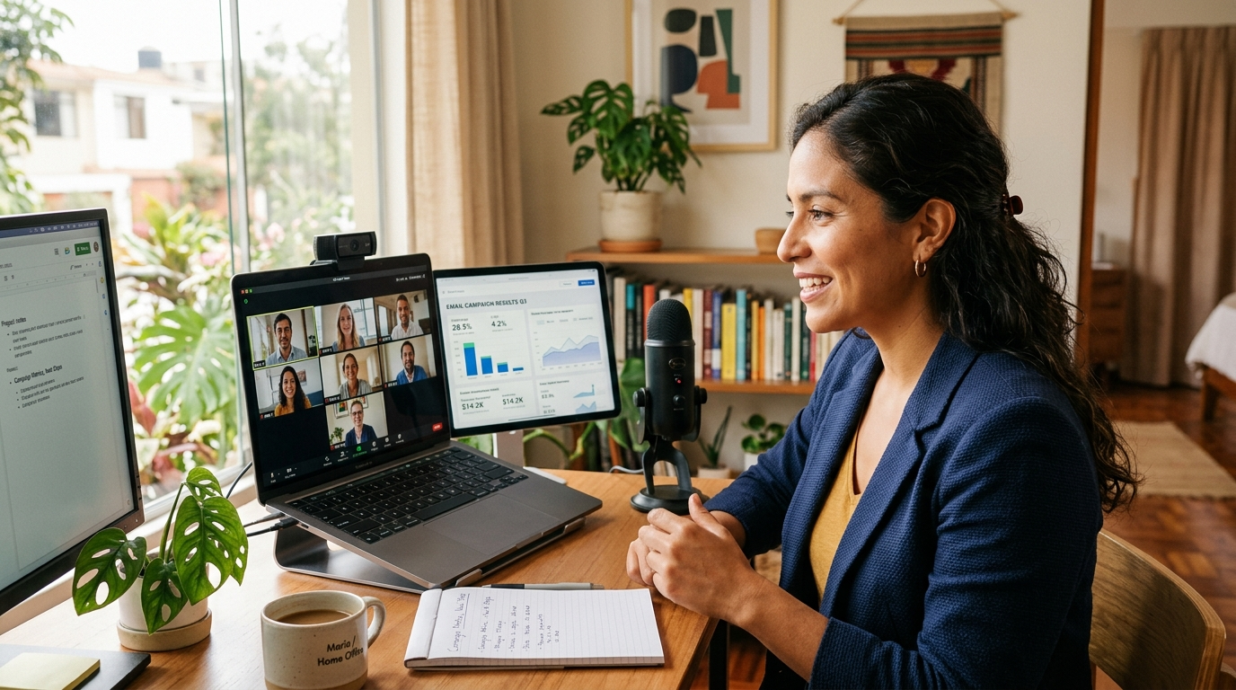 Nearshore email marketing specialist presenting campaign results on a video call with US client team