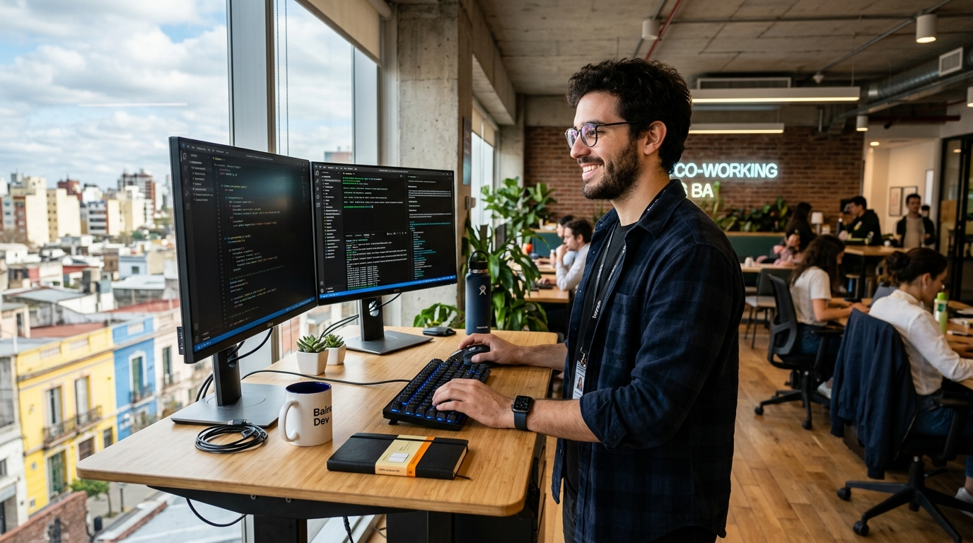 Argentine software engineer working at dual monitors in a Buenos Aires co-working space, representing nearshore talent businesses can hire from Argentina in 2026