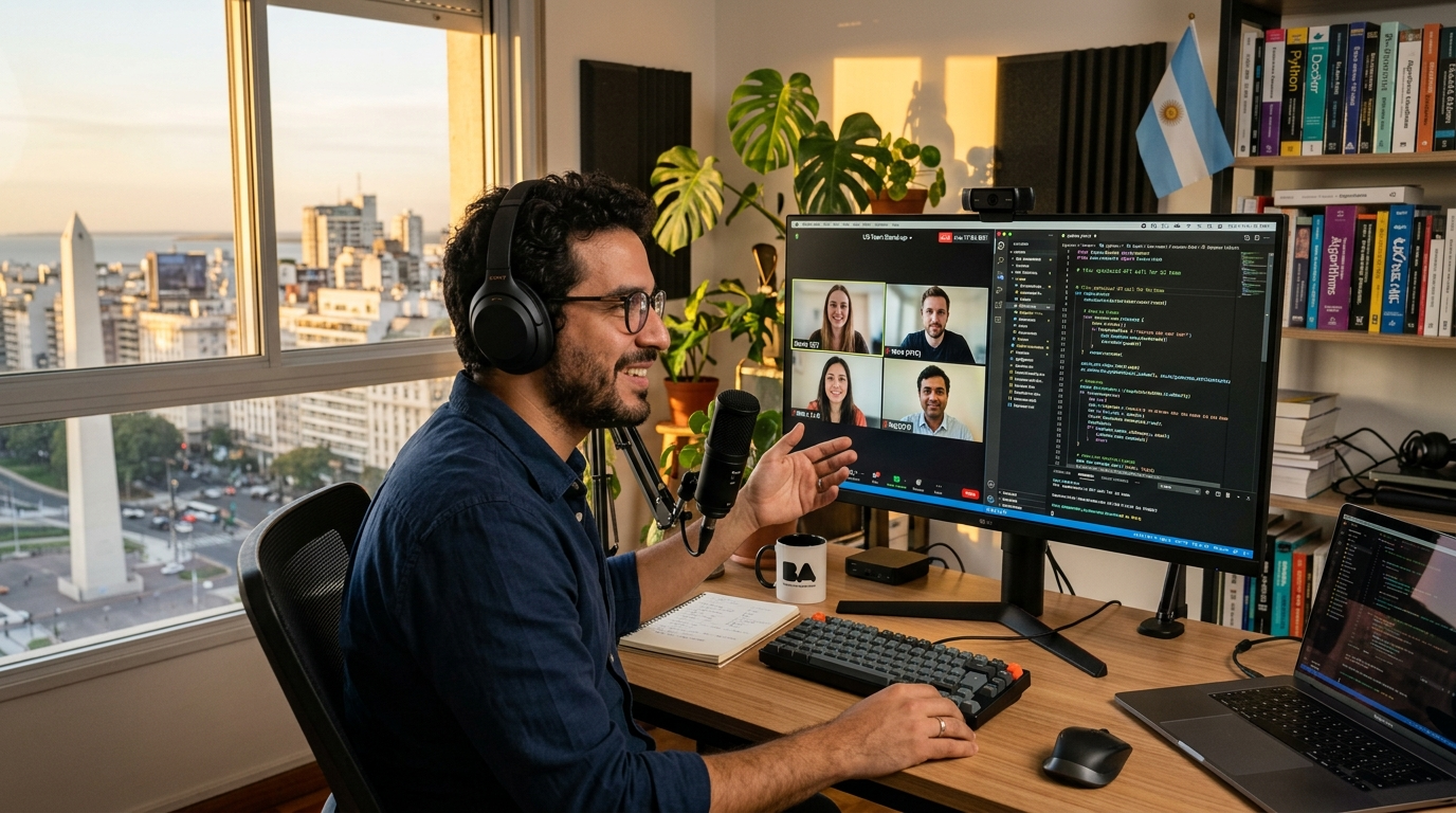 Argentine nearshore engineer on a video call with a US development team, illustrating real-time collaboration when you hire engineers from Argentina