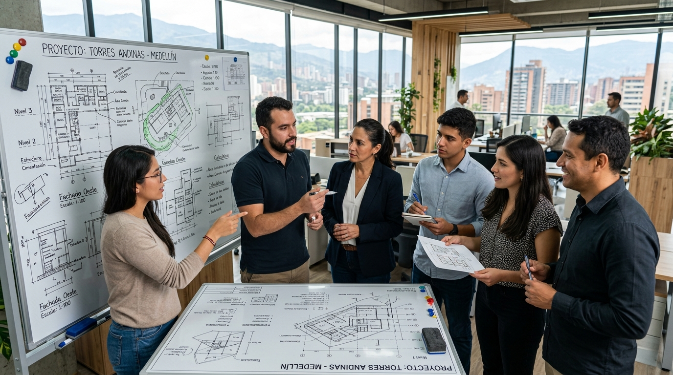 Nearshore Latin American engineering team reviewing software architecture diagrams, representing the caliber of talent available when you hire engineers from Argentina