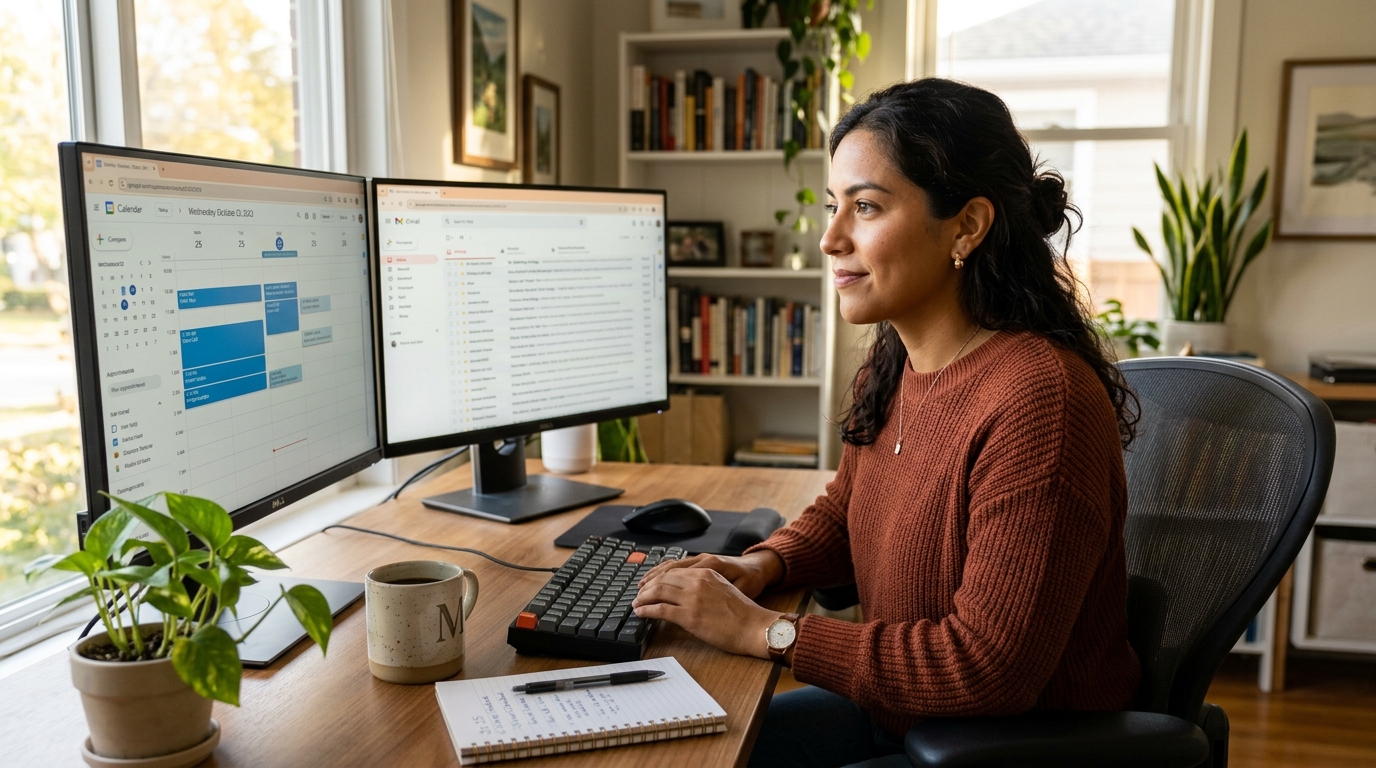 Latin American remote executive assistant working from a bright home office, managing calendars on dual monitors — hire executive assistant remotely in 2026