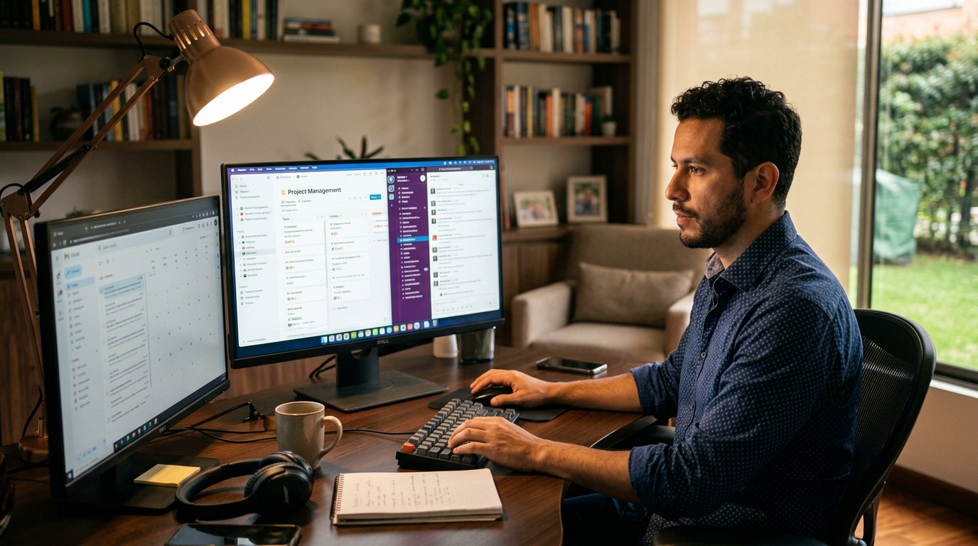 Remote executive assistant managing project tasks in Notion and Slack — full-time nearshore EA working US business hours