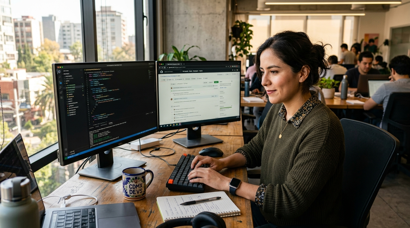 Mexican software developer working at a modern Mexico City co-working space with dual monitors showing code, 2026