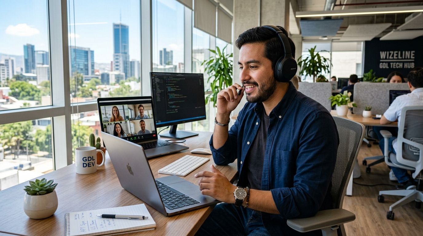 Latin American software developer in Guadalajara on a video call with a US engineering team, modern tech office 2026