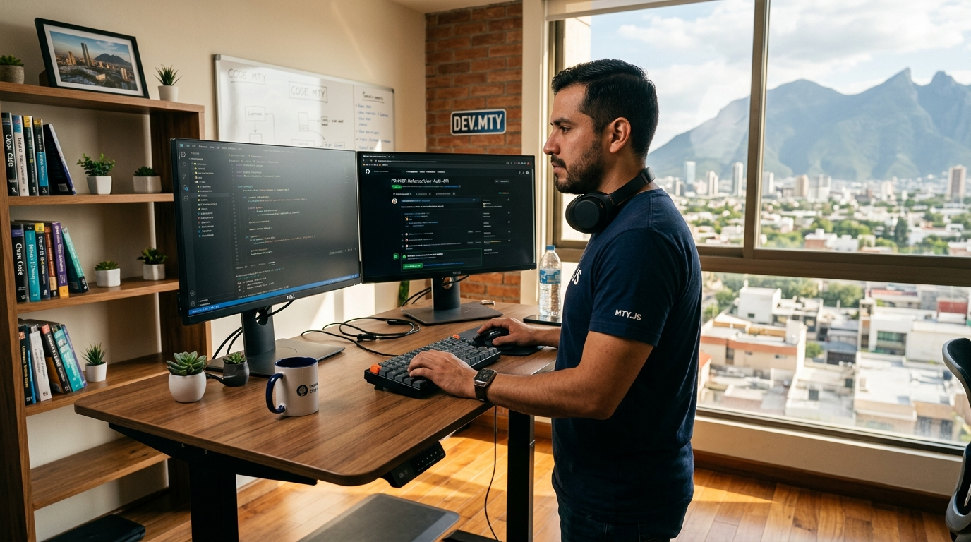 Mexican software developer reviewing a GitHub pull request at a standing desk in a modern Monterrey home office, 2026