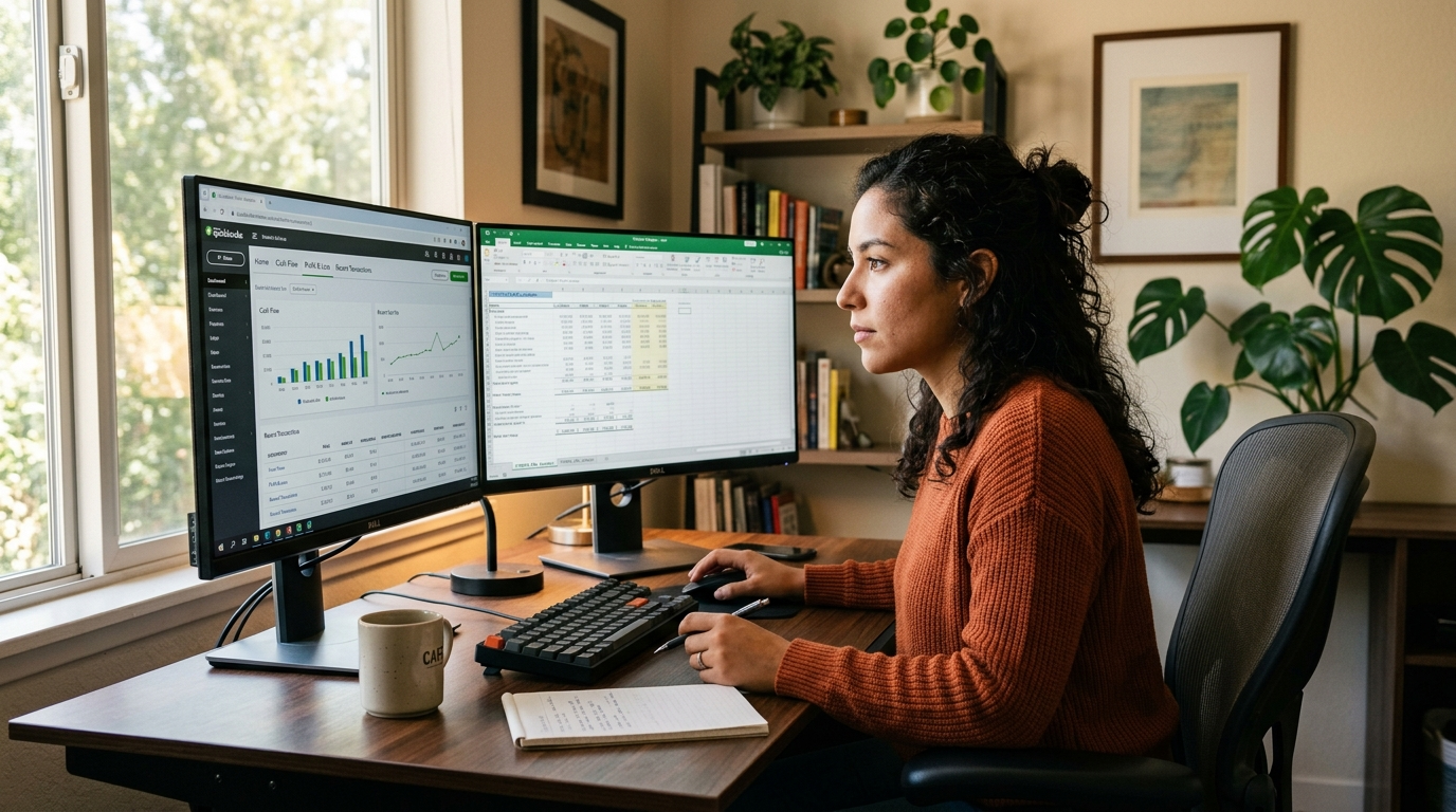 Nearshore bookkeeper in Latin America reviewing QuickBooks financial dashboard at a dual-monitor home office desk