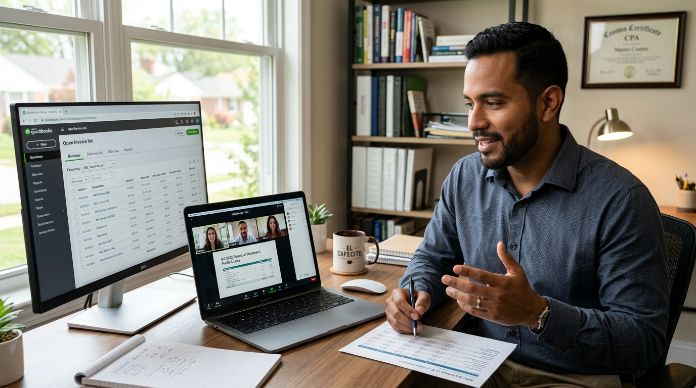 Nearshore bookkeeper on video call reviewing monthly financial reports with US client, QuickBooks visible on screen
