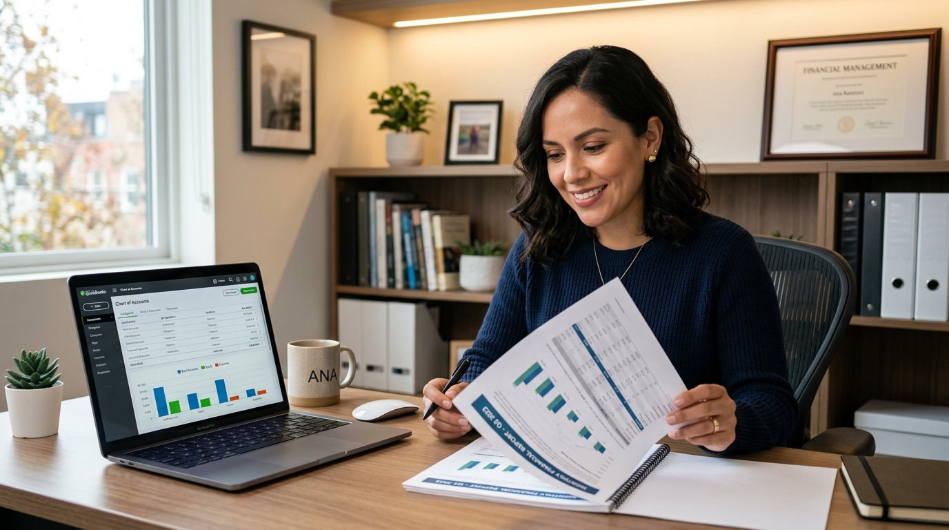 Nearshore bookkeeper reviewing QuickBooks chart of accounts and printed monthly financial report at home office desk