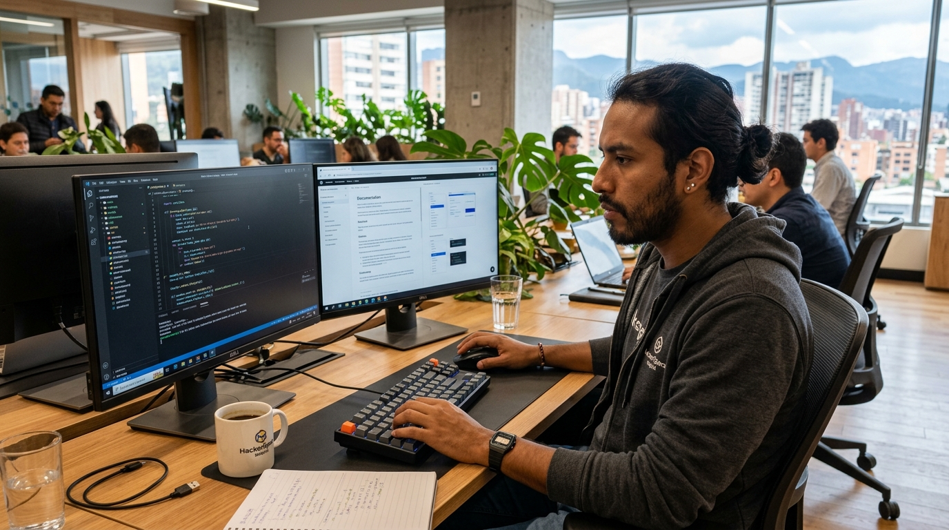 Latin American nearshore developer writing code at dual monitors in a modern Bogotá co-working space, 2026