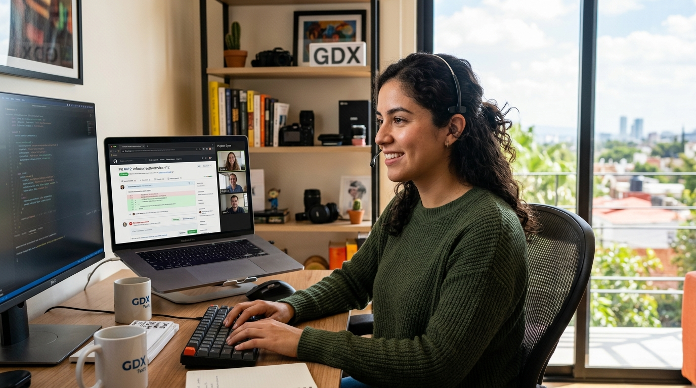 Nearshore Latina developer on live video call reviewing a GitHub pull request with her US team from a Guadalajara home office