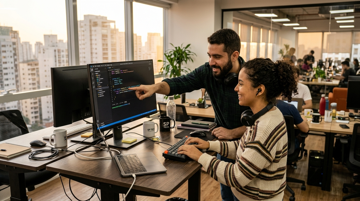 Two nearshore Latin American developers pair-programming in a São Paulo tech office, TypeScript visible on shared monitor