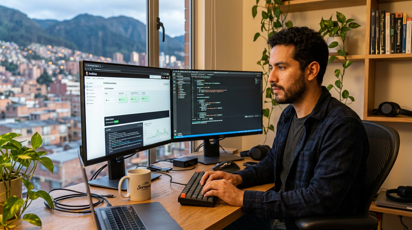 Nearshore DevOps engineer in Latin America working on CI/CD pipeline dashboards at a modern home office setup