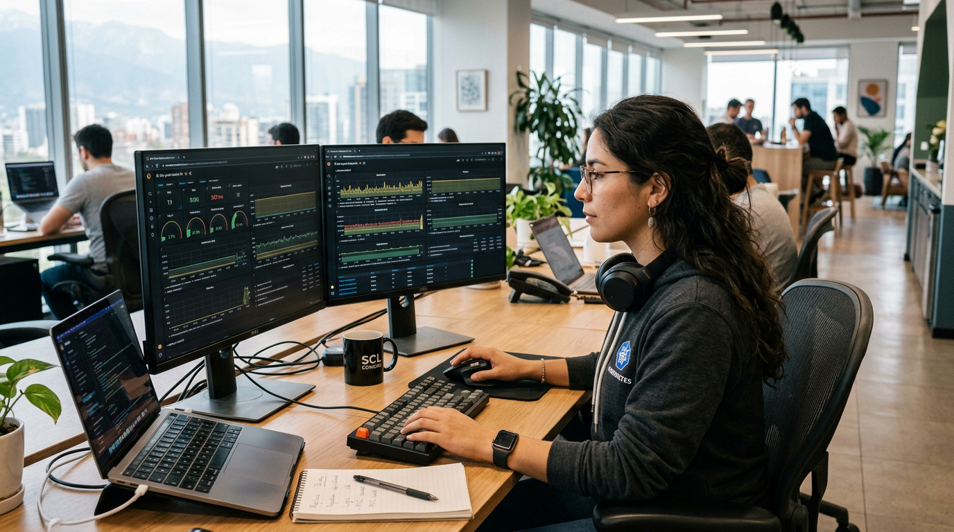 Nearshore DevOps engineer reviewing Kubernetes cluster dashboards in a Latin American co-working space