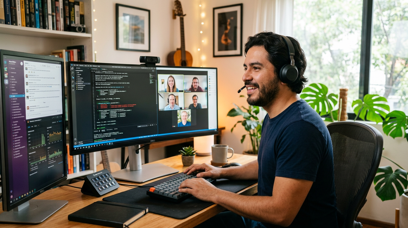 Nearshore DevOps engineer from Latin America on a live video call with a US engineering team, Terraform plan visible on screen