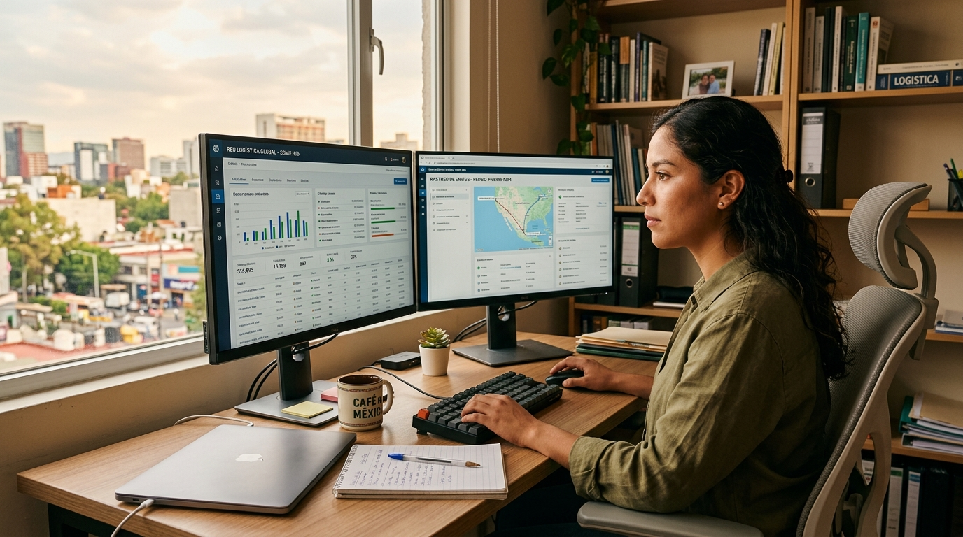 Nearshore logistics coordinator in Latin America managing shipment tracking on dual monitors during US business hours