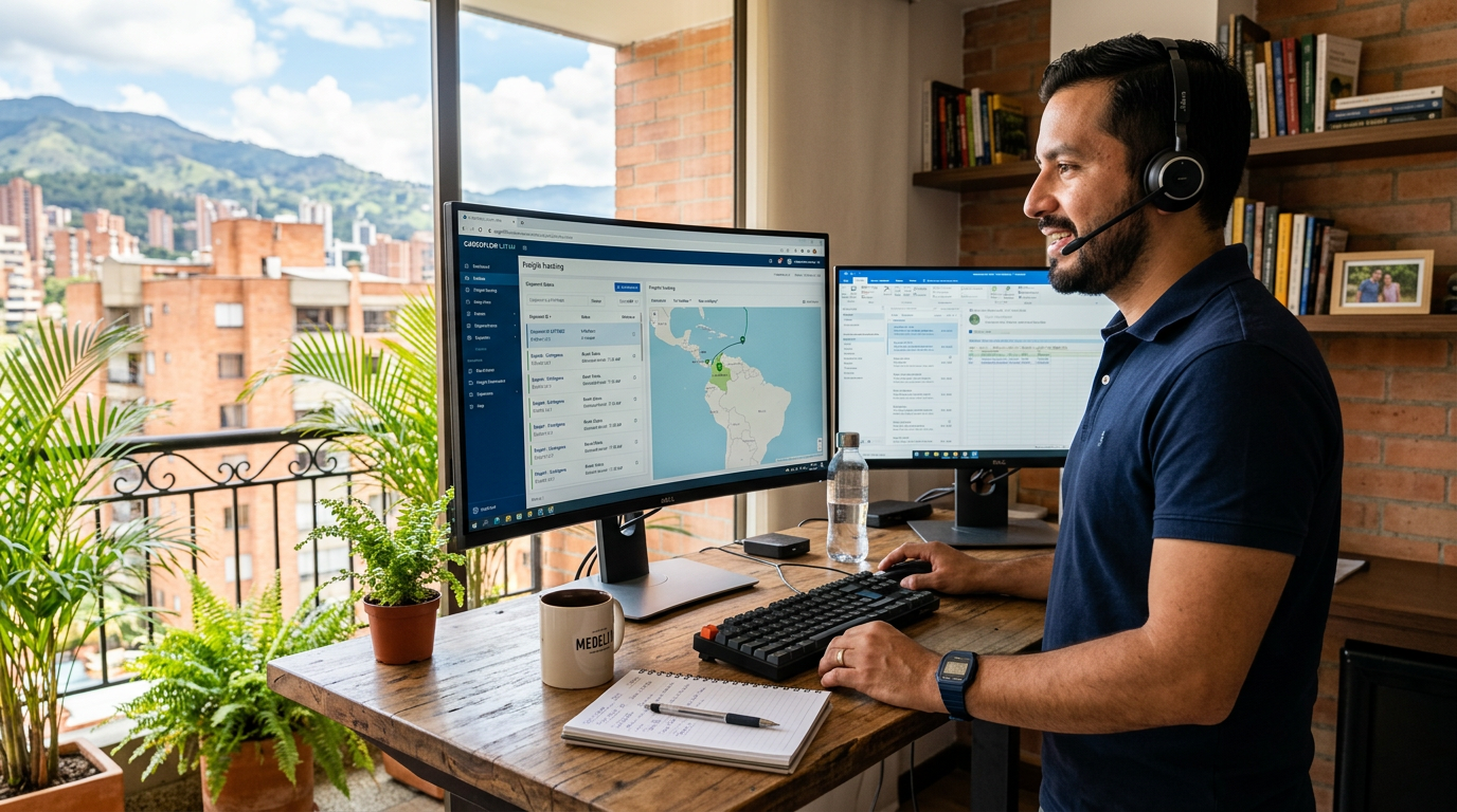 Nearshore logistics coordinator on a headset managing carrier communications during US business hours from Latin America