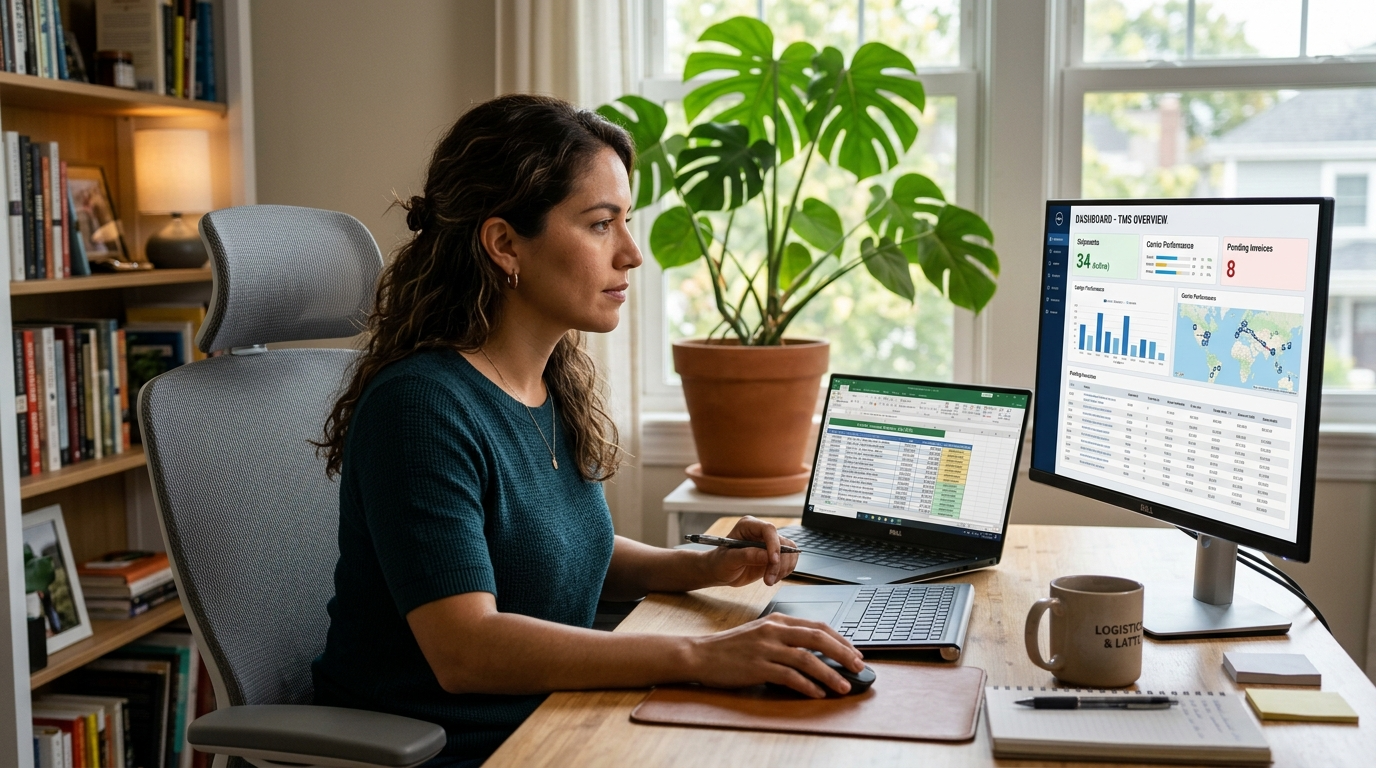 Nearshore logistics coordinator auditing freight invoices using TMS software from a Latin America home office