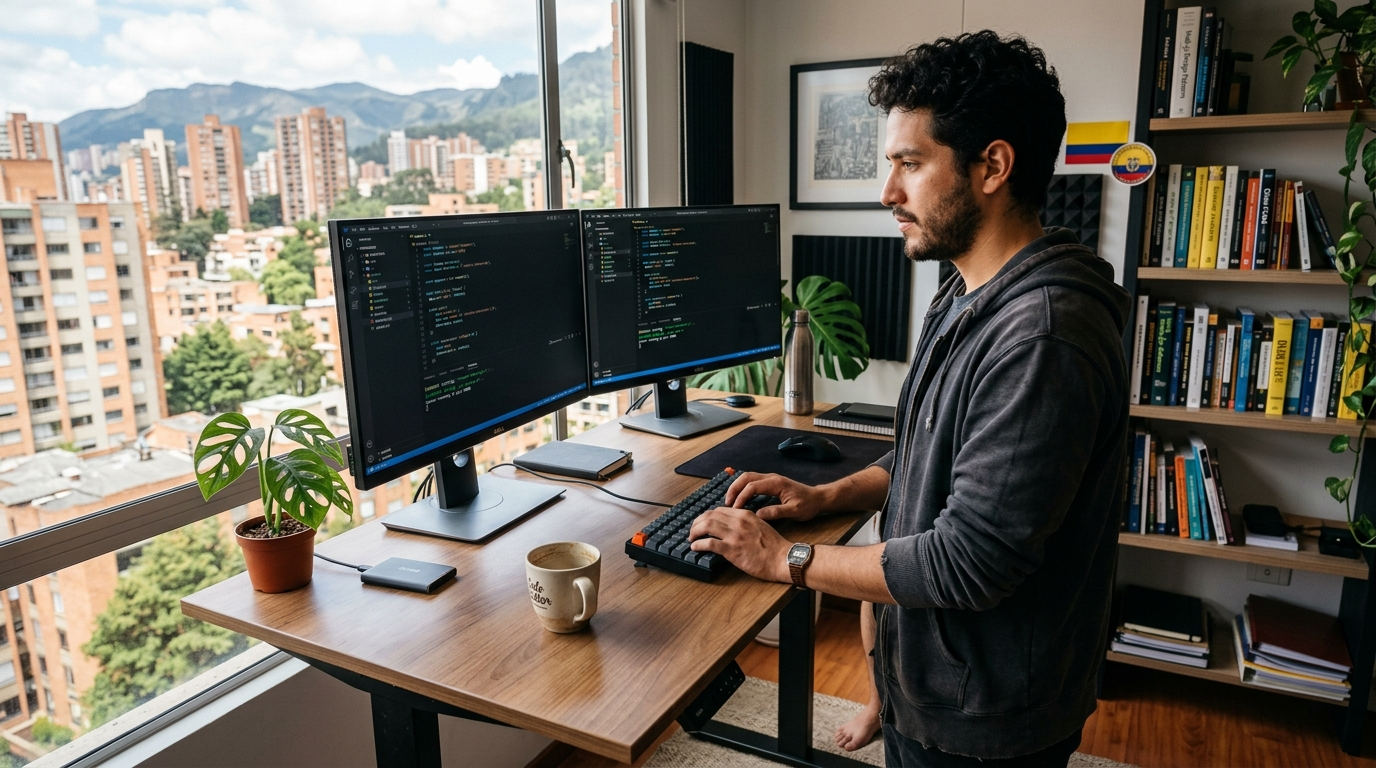 Nearshore Node.js developer in Latin America working at dual-monitor setup with Node.js code visible on screen
