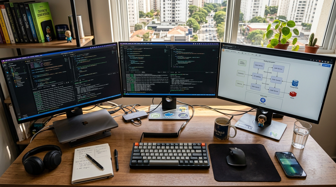 Nearshore Node.js developer in São Paulo with microservice architecture diagram on monitor and terminal output visible