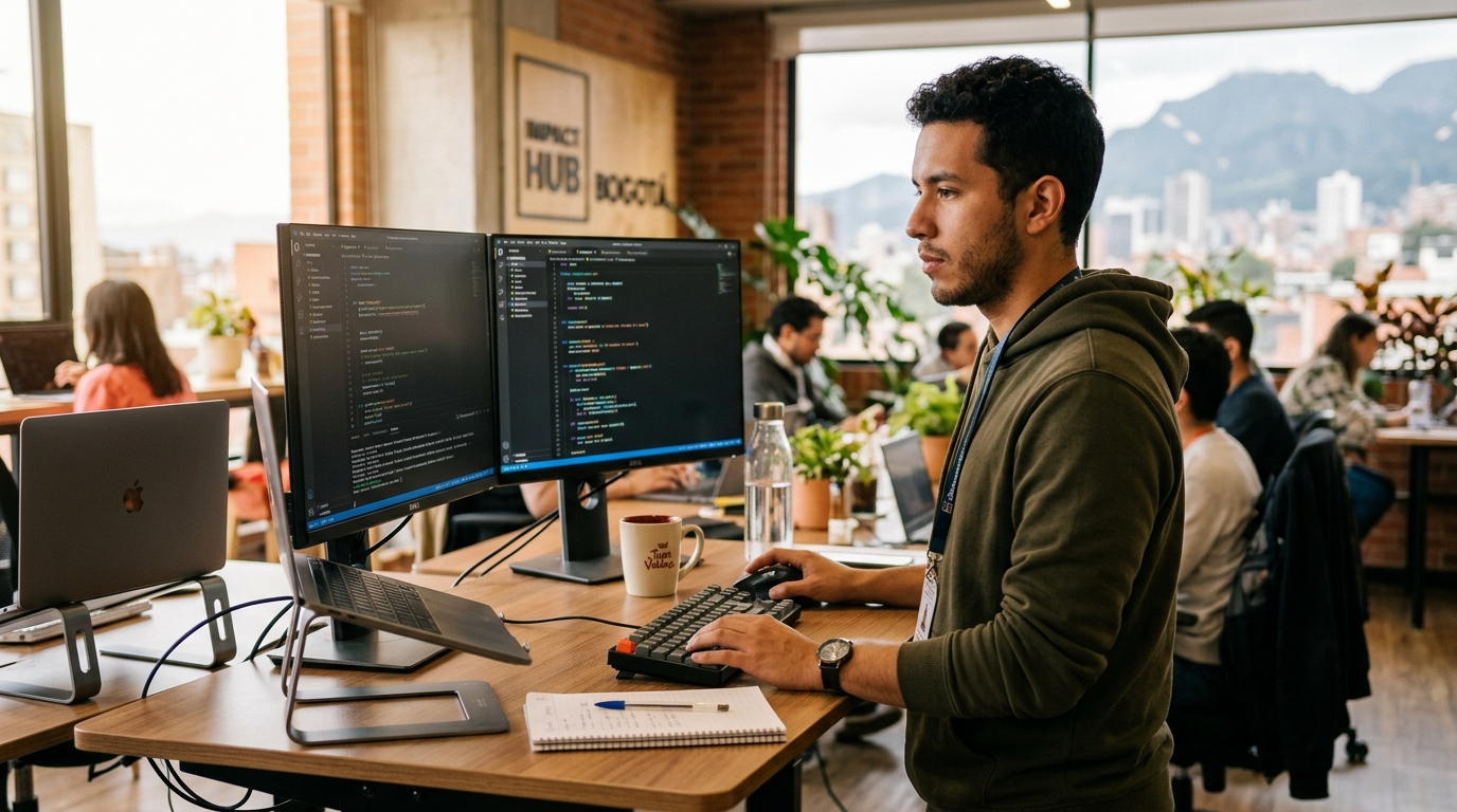 Nearshore Python developer working at dual monitors in a Latin American co-working space, VS Code open with Python code visible