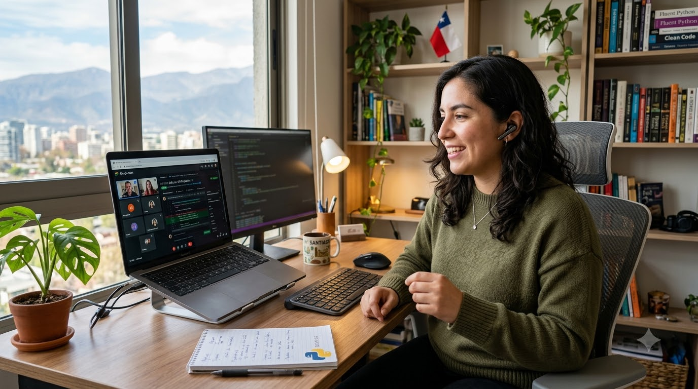 Nearshore Python developer in Santiago Chile on a video call code review with a US engineering team, laptop showing GitHub