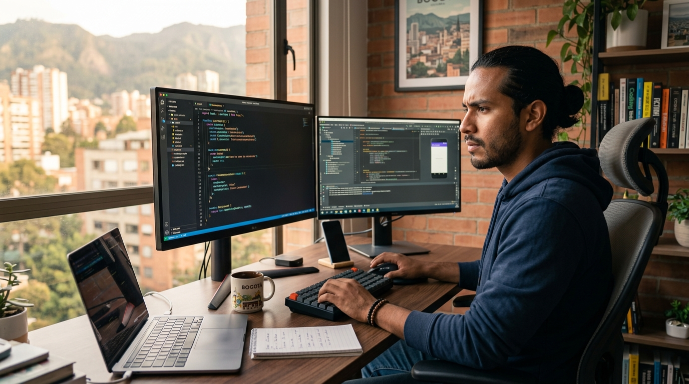 Nearshore React and Android app developer in Latin America working on dual monitors showing React and Android Studio code in a modern home office