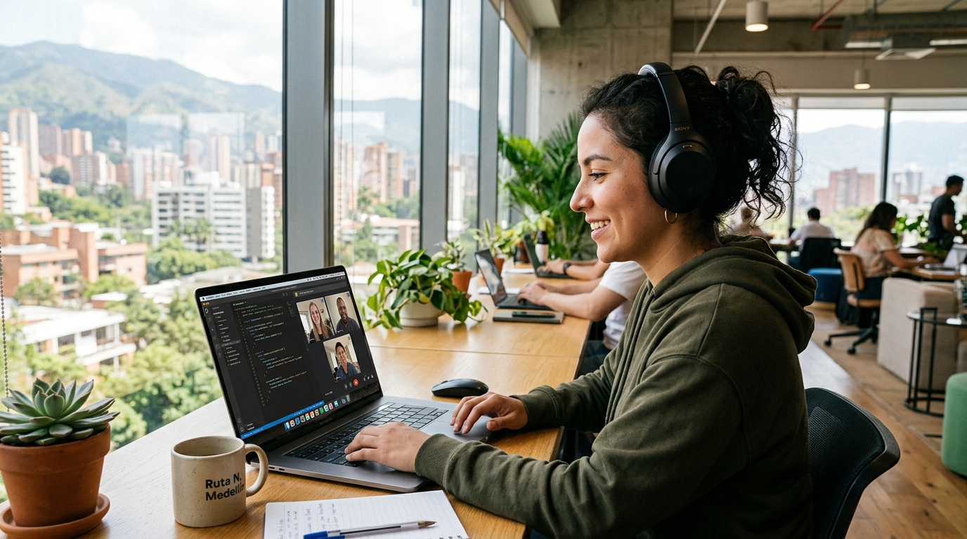 Nearshore React developer in Medellín on a live video standup with US product team, laptop showing React component code