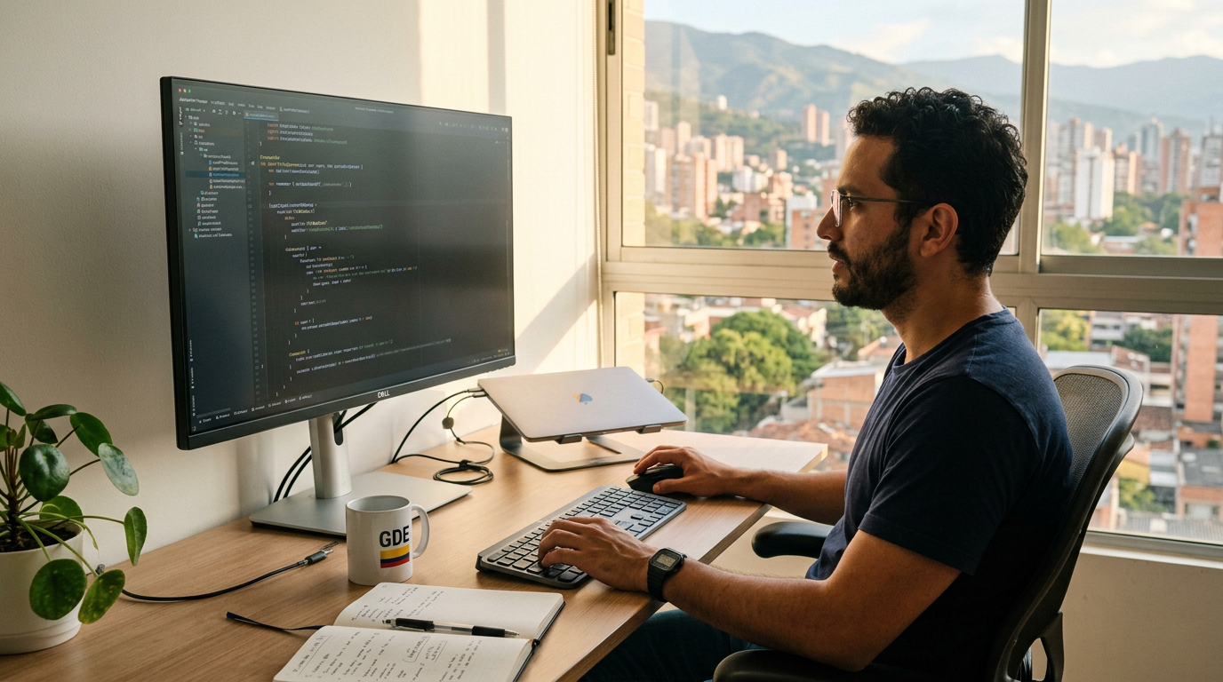 Nearshore Android app developer in Latin America reviewing Kotlin and Jetpack Compose code on a large monitor during technical assessment