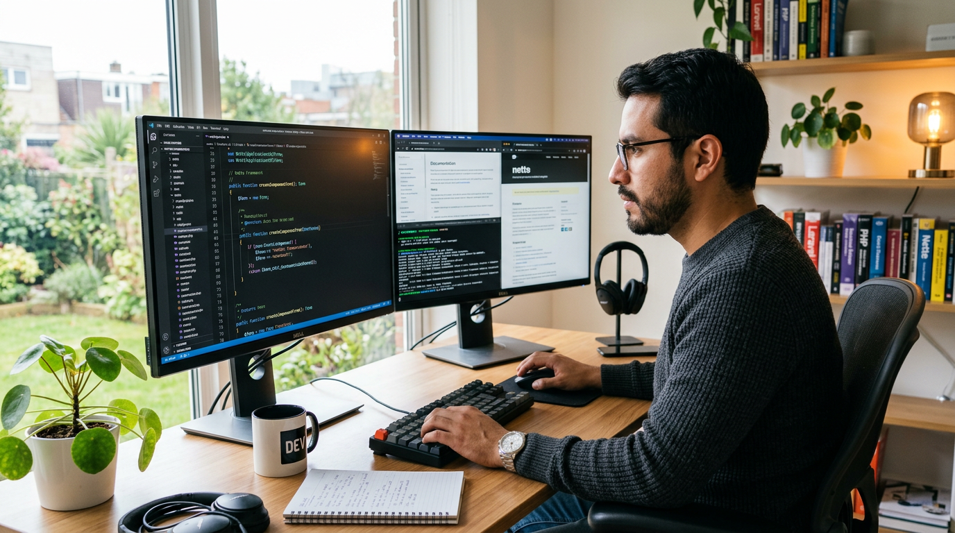 Latin American Nette Framework engineer reviewing PHP code on dual monitors in a modern home office, 2026