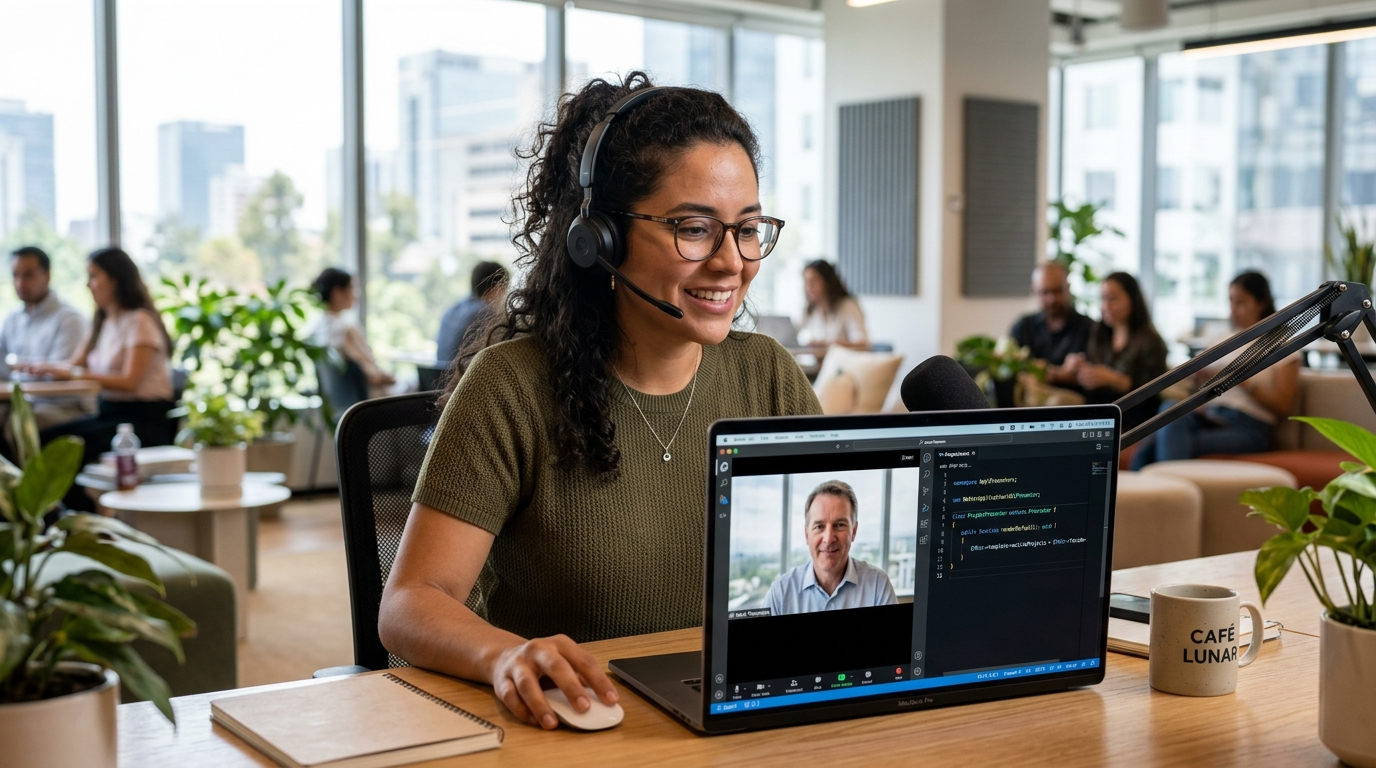 Latin American Nette Framework engineer on a video call with a US tech client, reviewing PHP code together in 2026