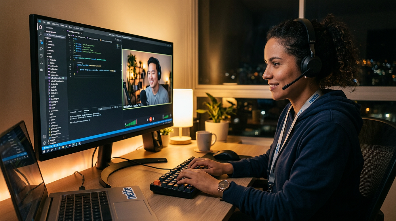 Nearshore Nette Framework engineer pair-programming remotely with a US developer, PHP code on shared screen