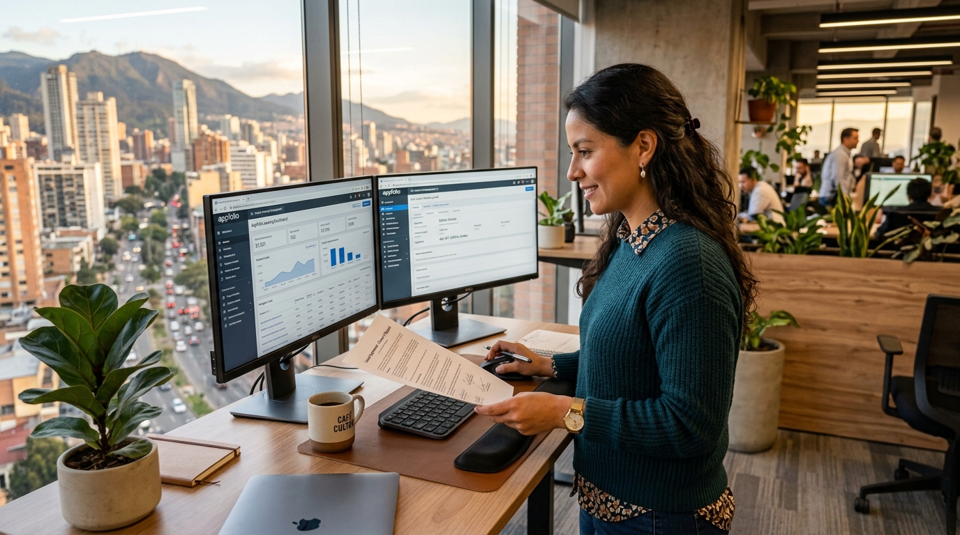 Nearshore property management assistant reviewing AppFolio lease documents at a dual-monitor desk with a Latin American city skyline in the background