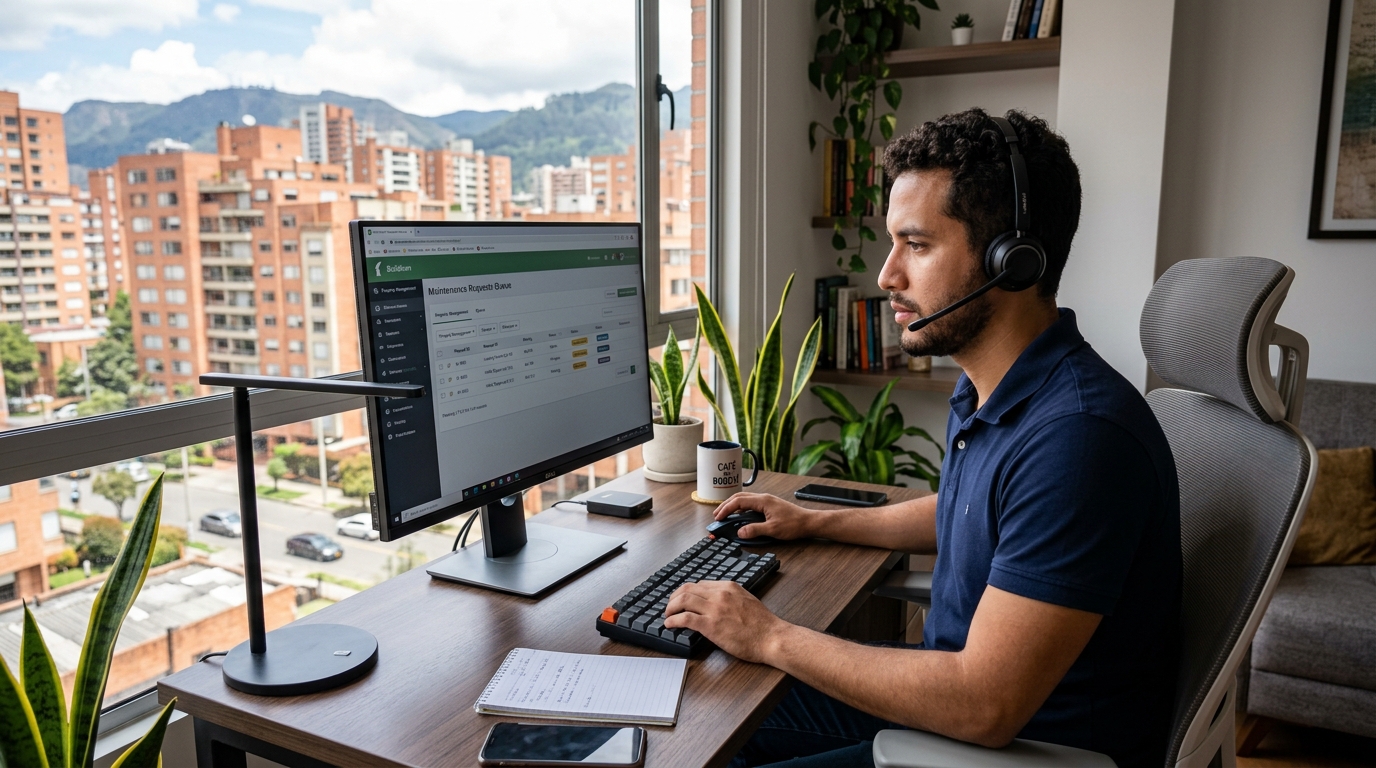 Nearshore property management virtual assistant managing Buildium maintenance requests from a Latin American home office