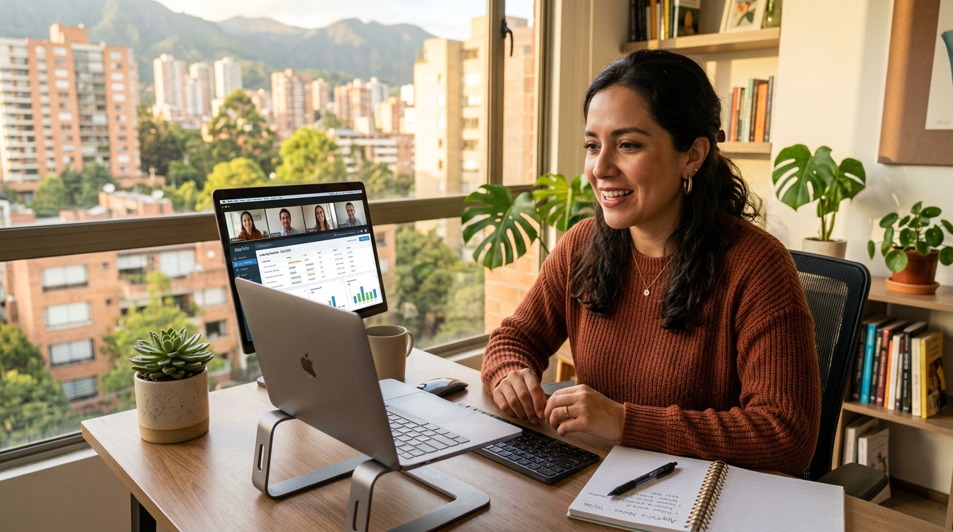 Nearshore property management VA on a video call reviewing an AppFolio leasing pipeline from her Latin American home office