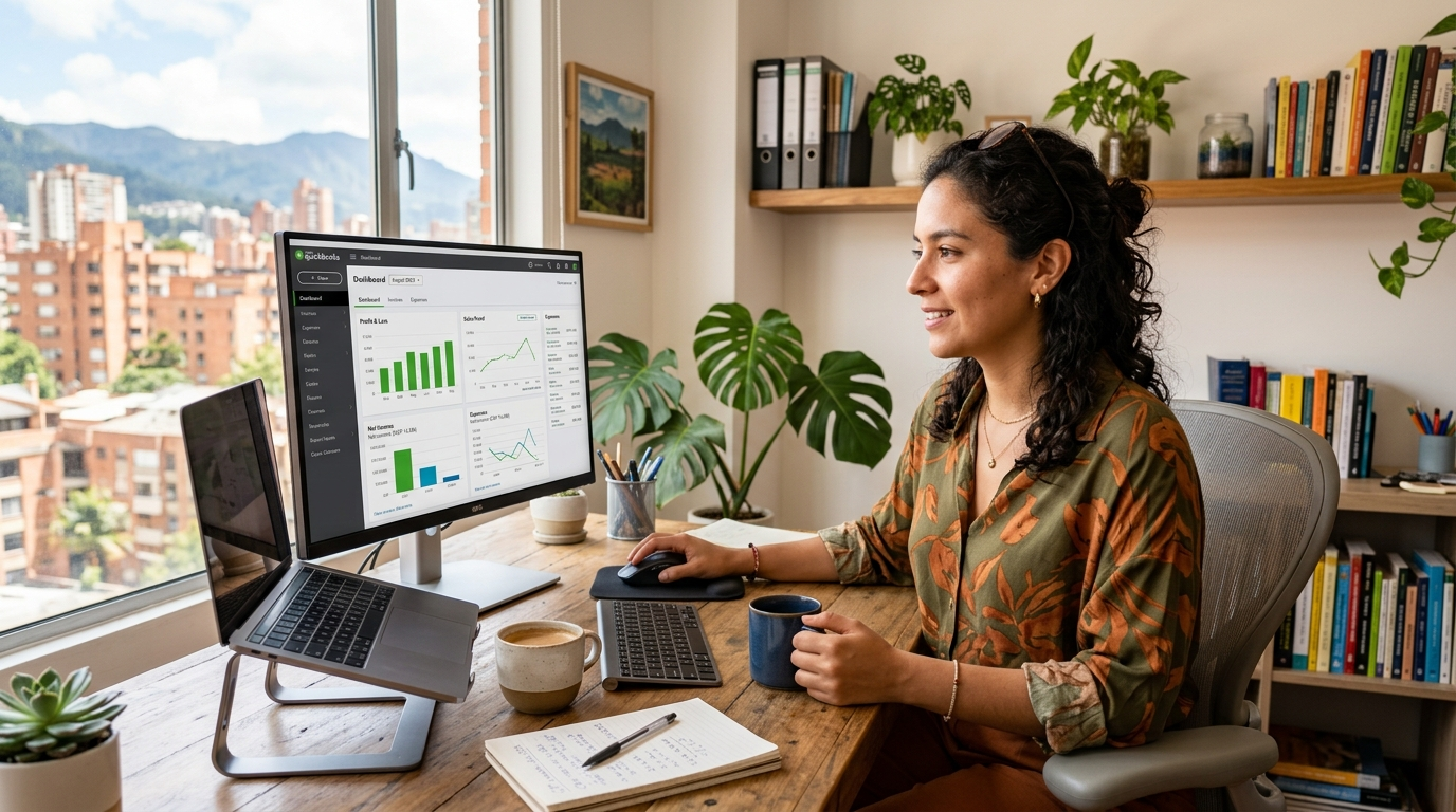 Latin American remote bookkeeper reviewing QuickBooks dashboard at a modern home office in Bogotá, Colombia
