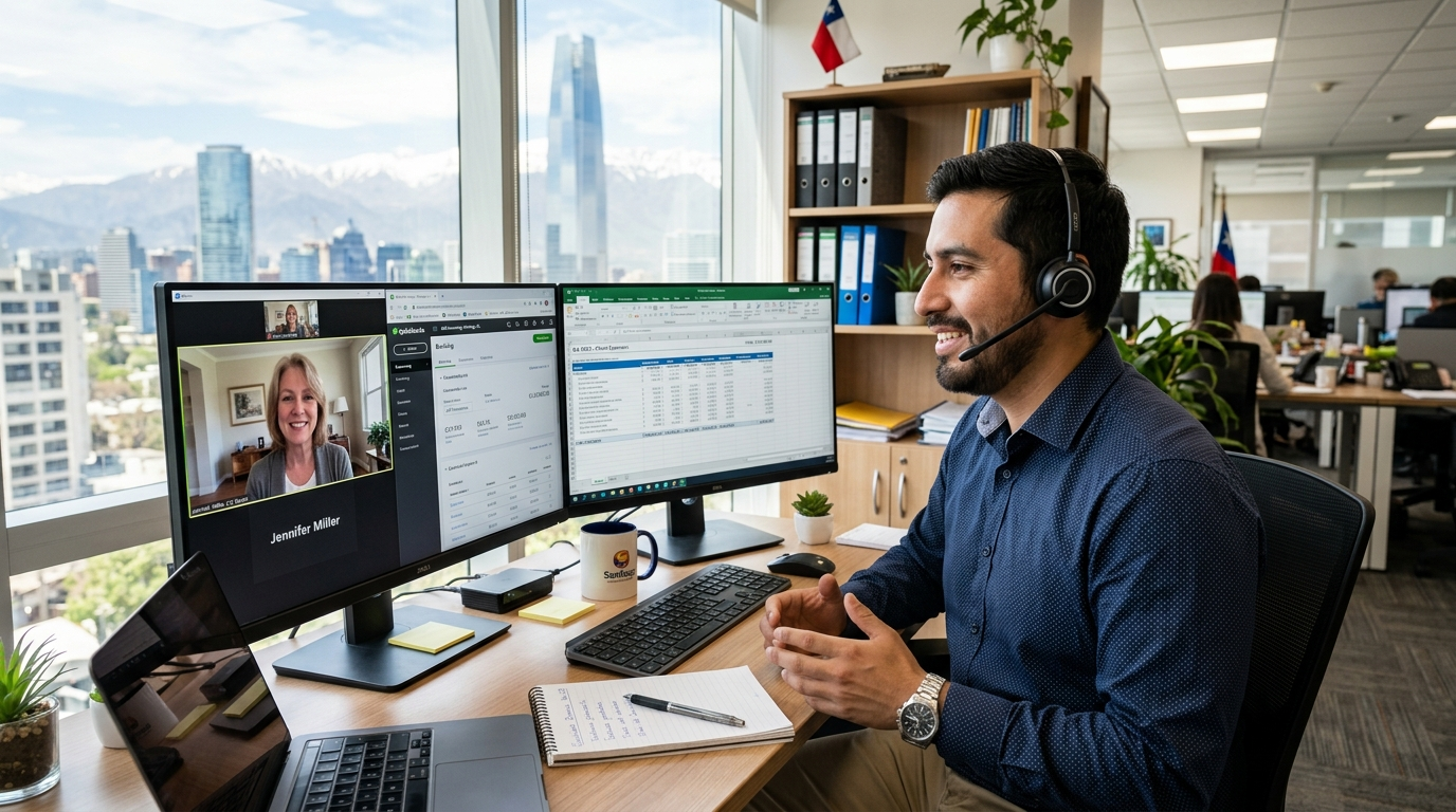 Latin American remote bookkeeper on video call with US client, QuickBooks open on dual monitors in Santiago office