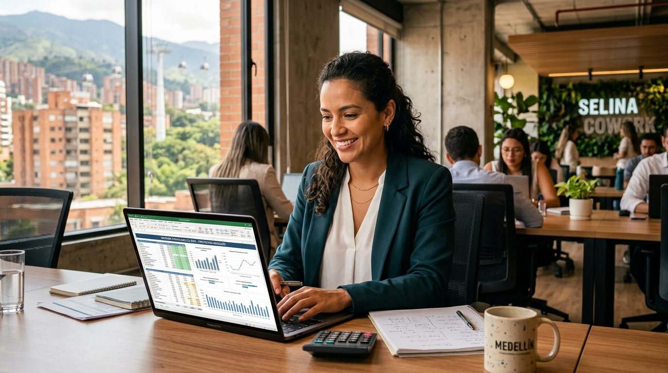 Latina remote bookkeeper reviewing financial reports at a modern coworking space in Medellín, Colombia