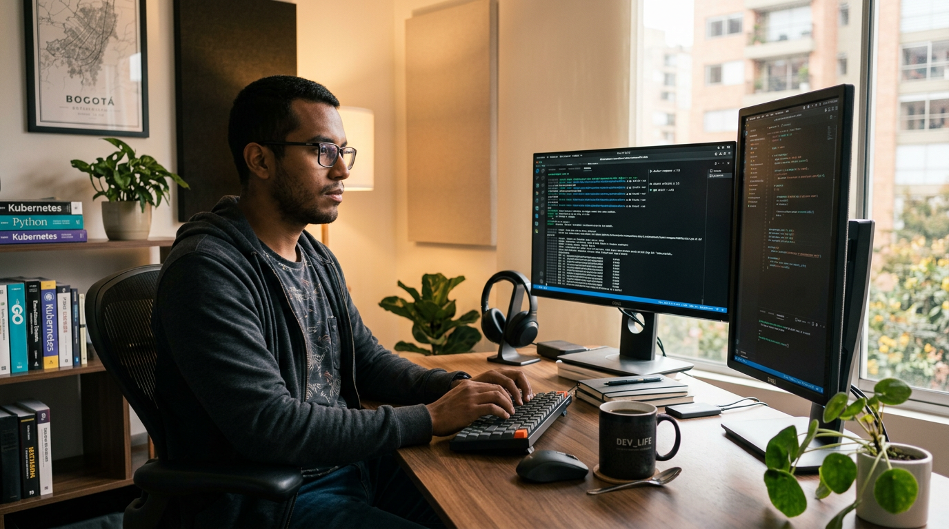 Nearshore Latin American Saetta web server expert reviewing server configuration logs on dual monitors in a modern home office