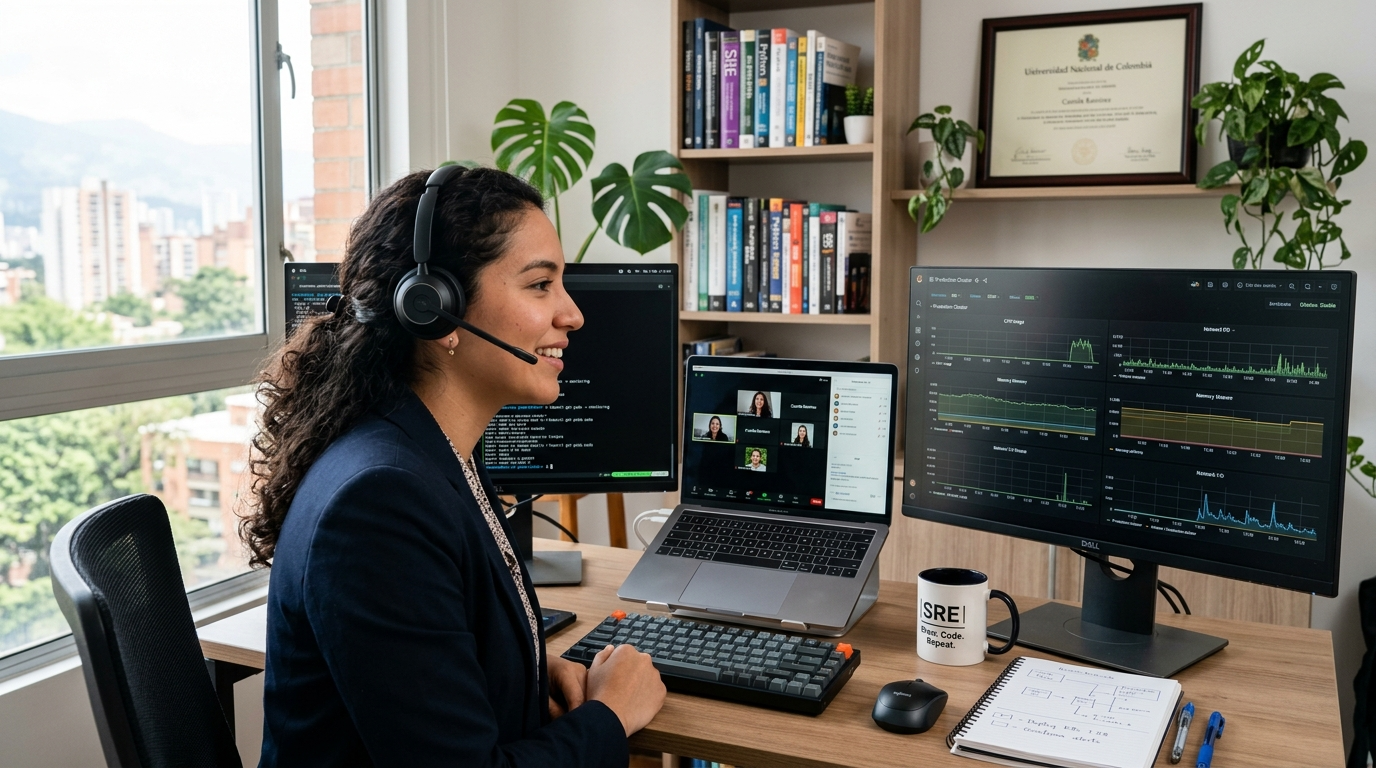 Nearshore Saetta web server expert on a video standup call with a US engineering team, server metrics visible on screen