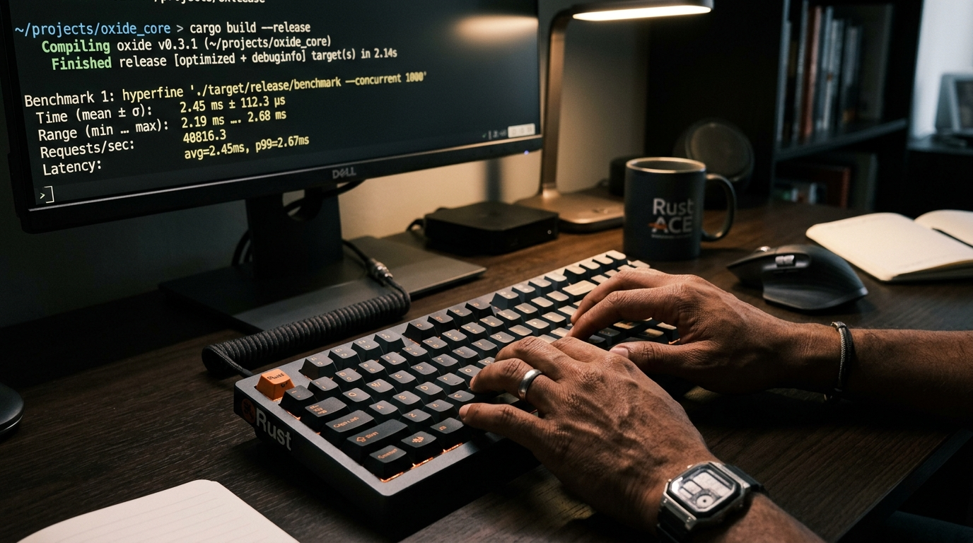 Saetta web server expert writing Rust configuration code, terminal showing server benchmark throughput results