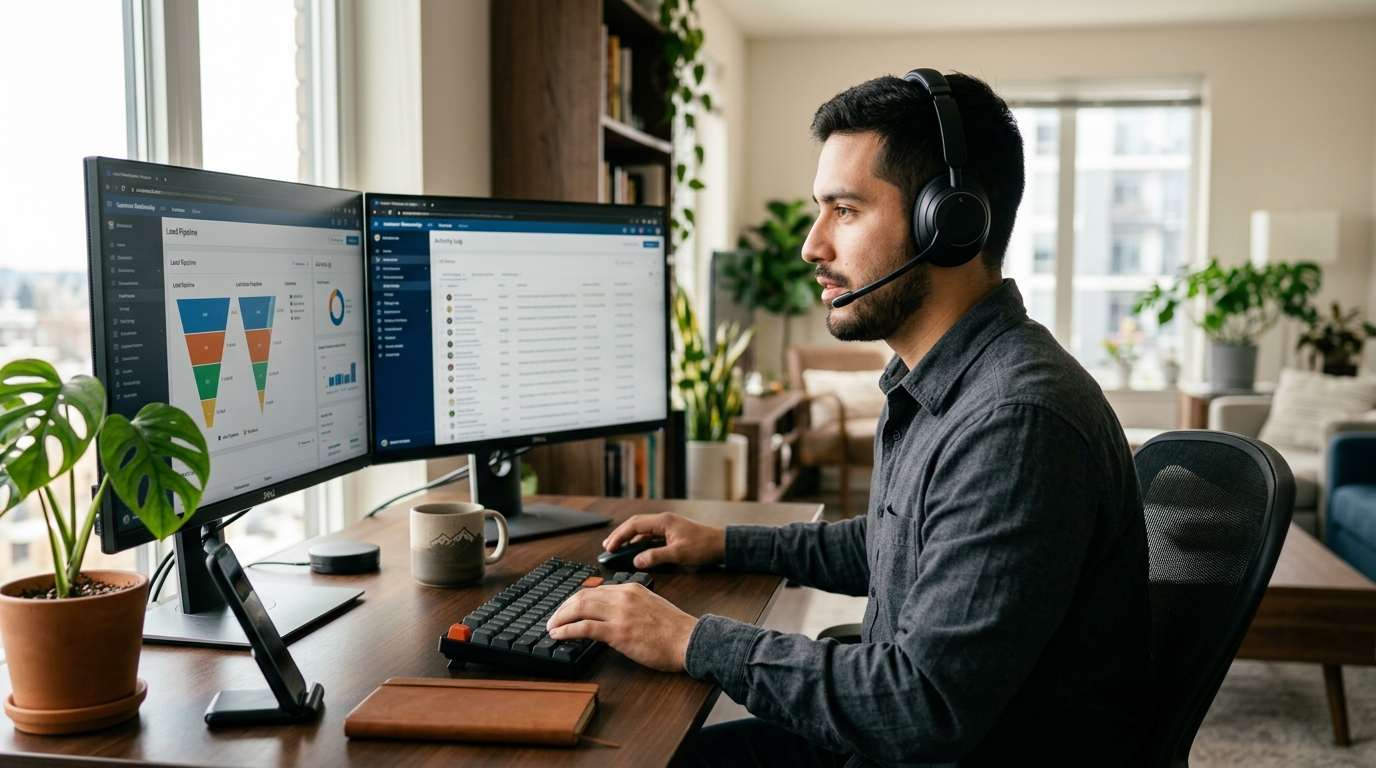 Latin American nearshore sales development representative working at a dual-monitor home office setup with a CRM dashboard visible, headset on