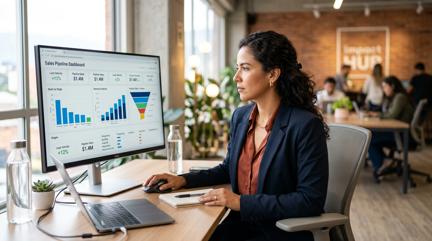 Nearshore SDR reviewing a sales pipeline CRM dashboard in a modern Latin American co-working office