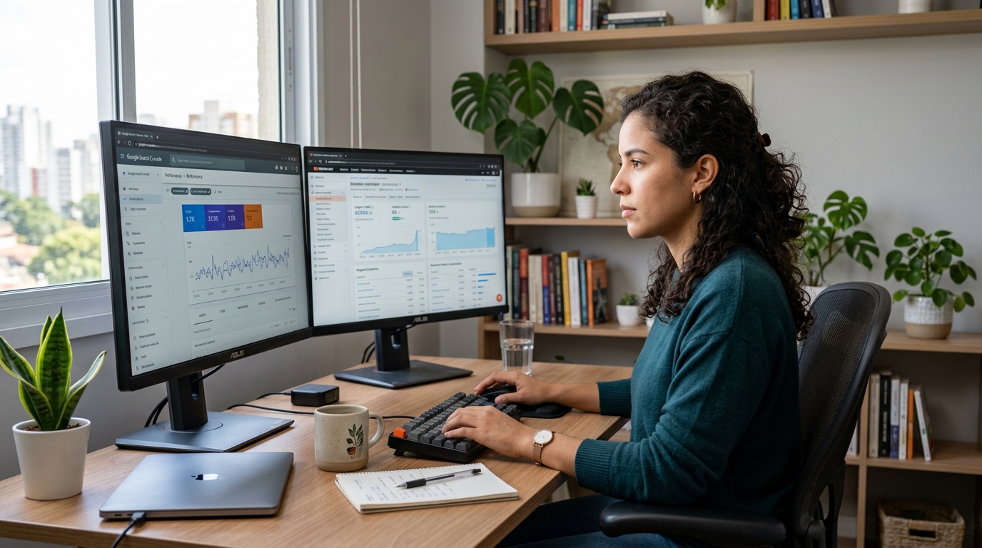 Nearshore SEO virtual assistant reviewing keyword rankings on dual monitors in a Latin American home office, 2026
